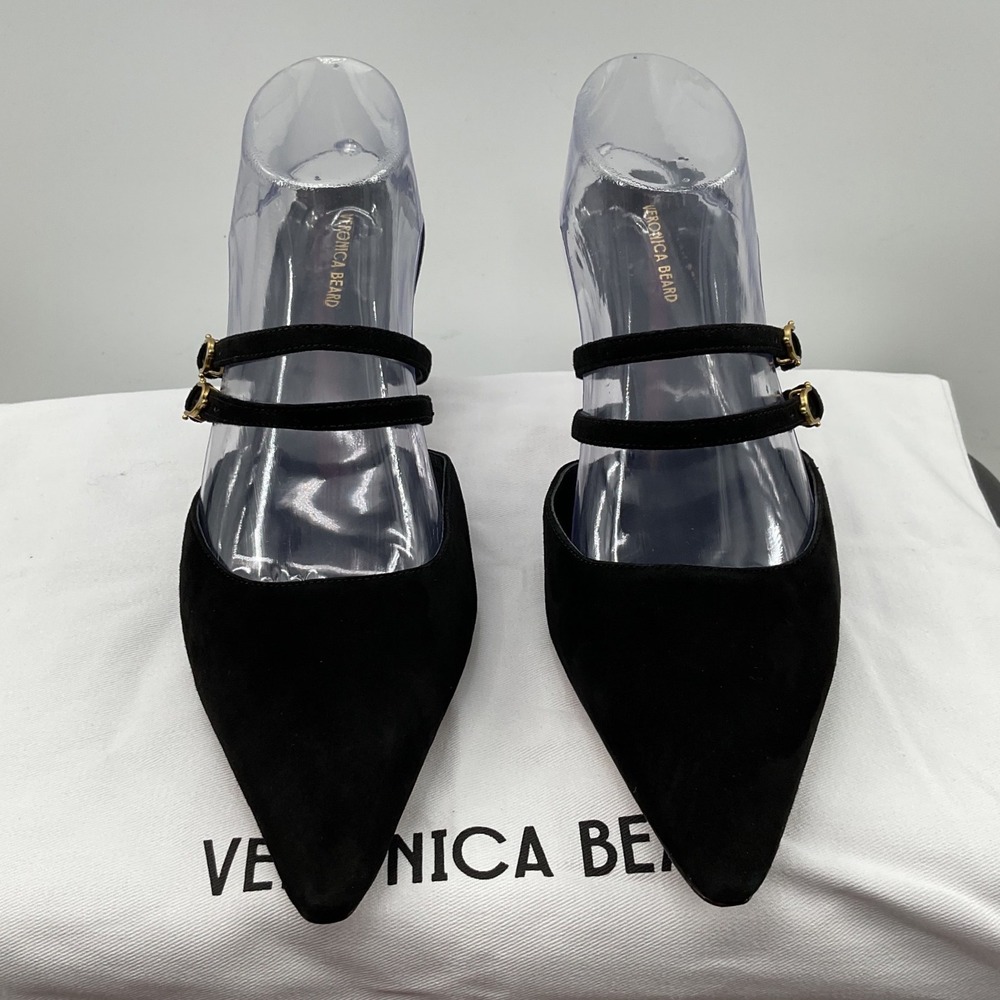 Veronica Beard Corrie Black Suede Pointed Toe Double Strap Kitten Heel Pump 10M